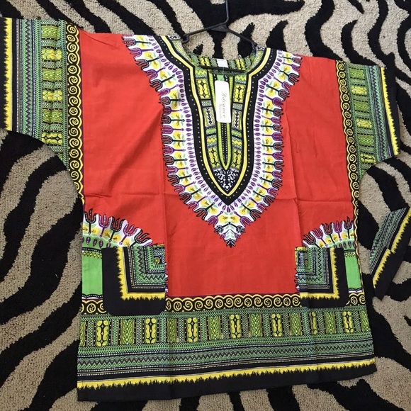 African Print Dashiki Men Women Shirt Traditional Vtg. Festive One Size - Orange - Picture 3 of 3